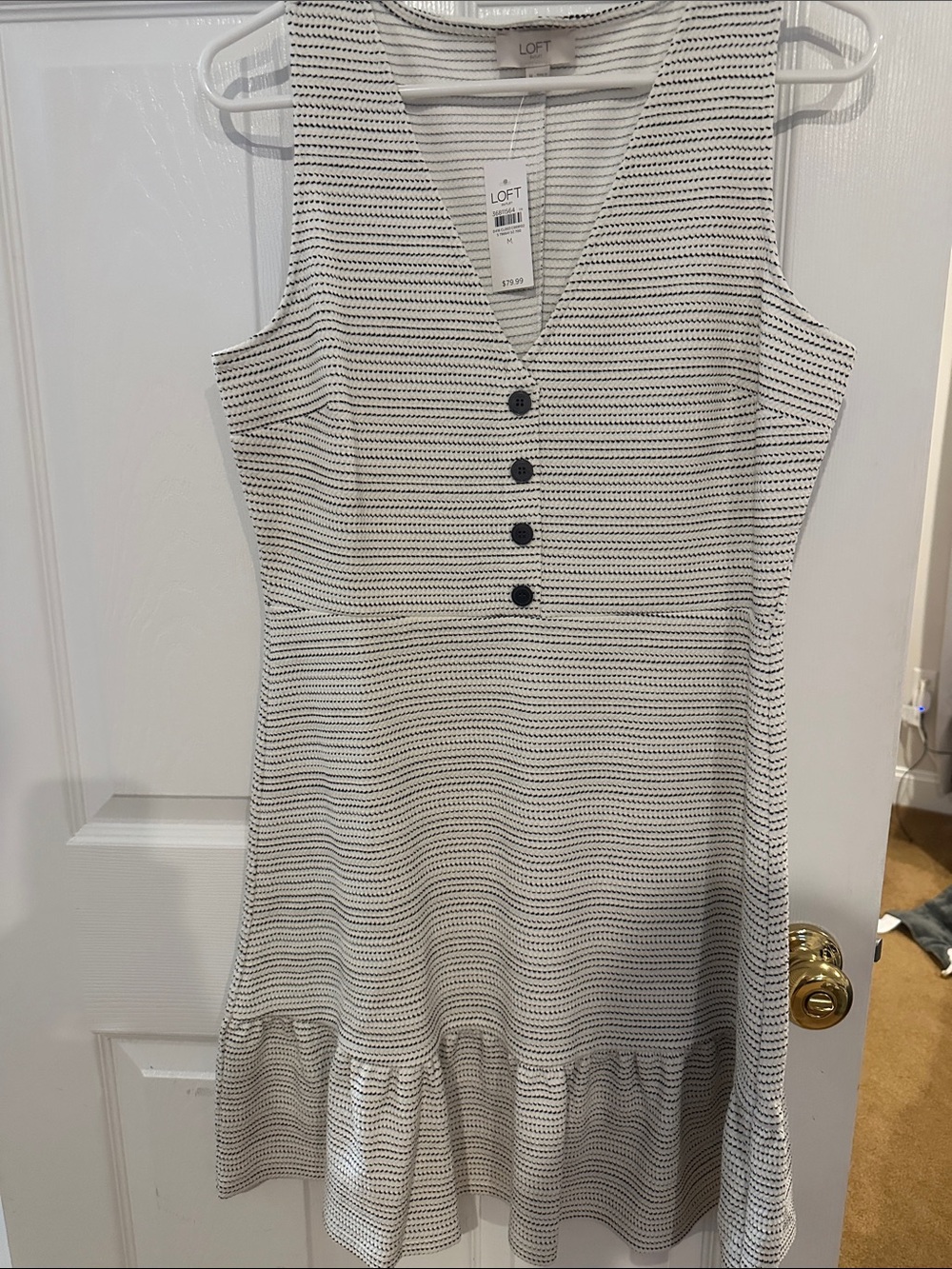 LOFT Cream and Black Striped Sleeveless Midi Dress with Ruffle Hem